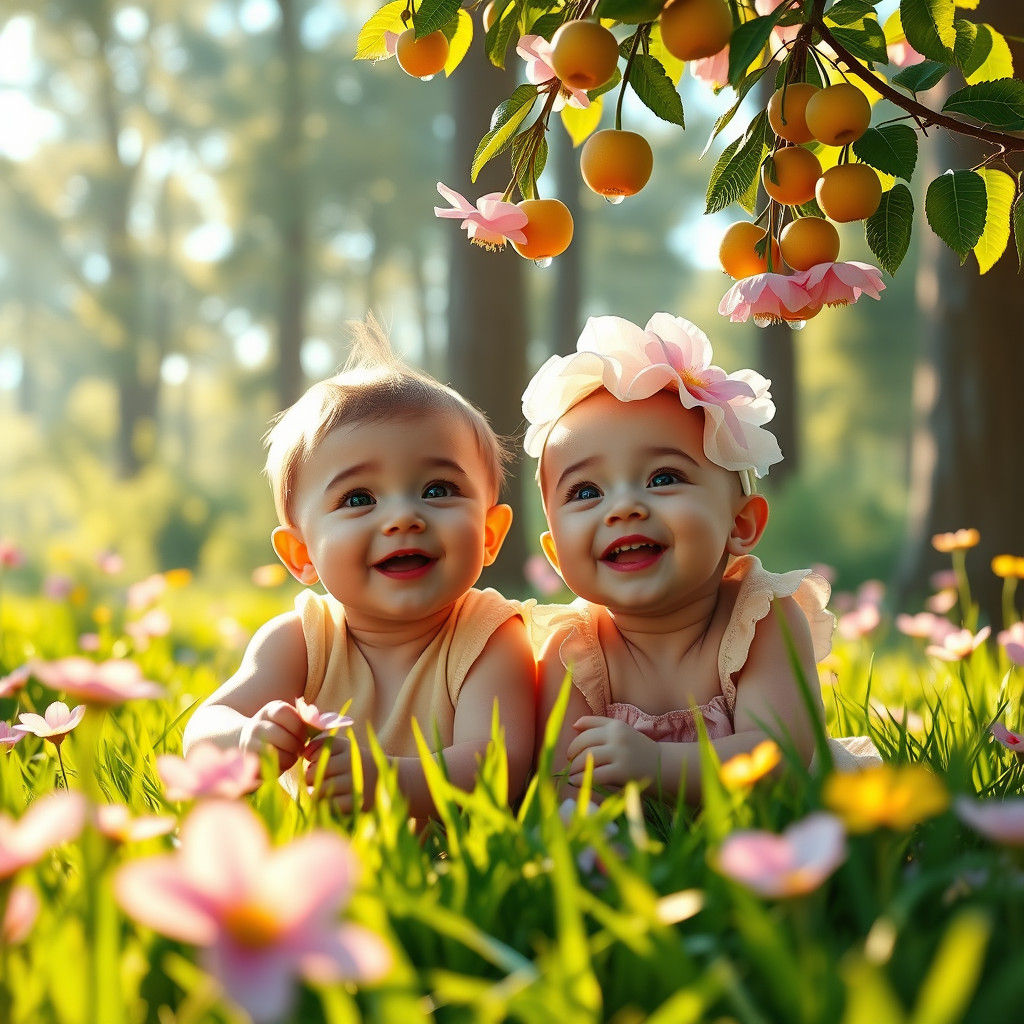 Dreamlike Garden Scene with Playing Babies