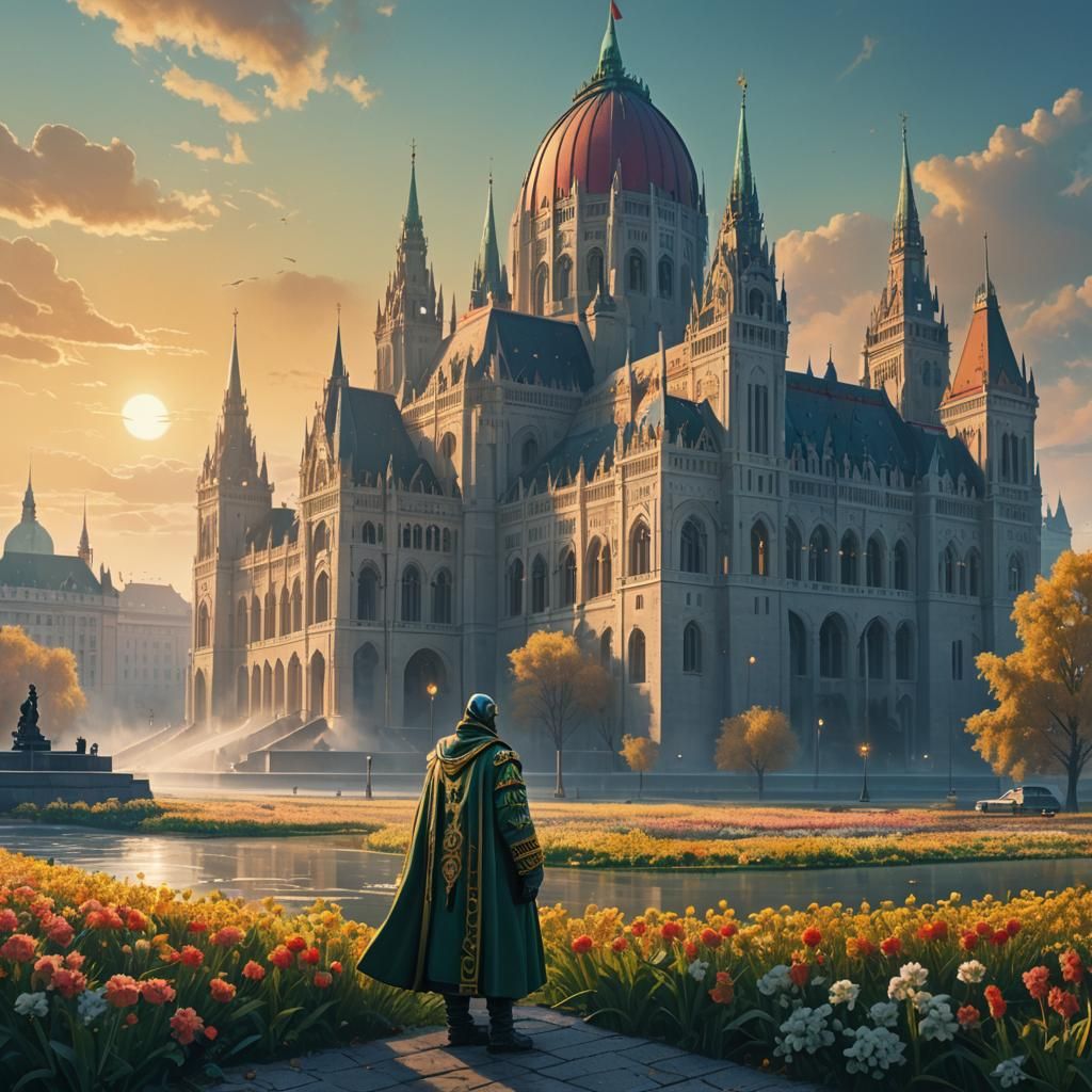 Regal Figure Before Budapest Parliament in Digital Art