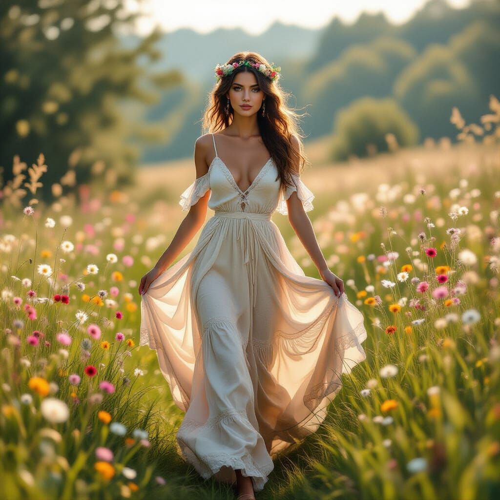 Bohemian Woman Chasing Light in Whimsical Landscape