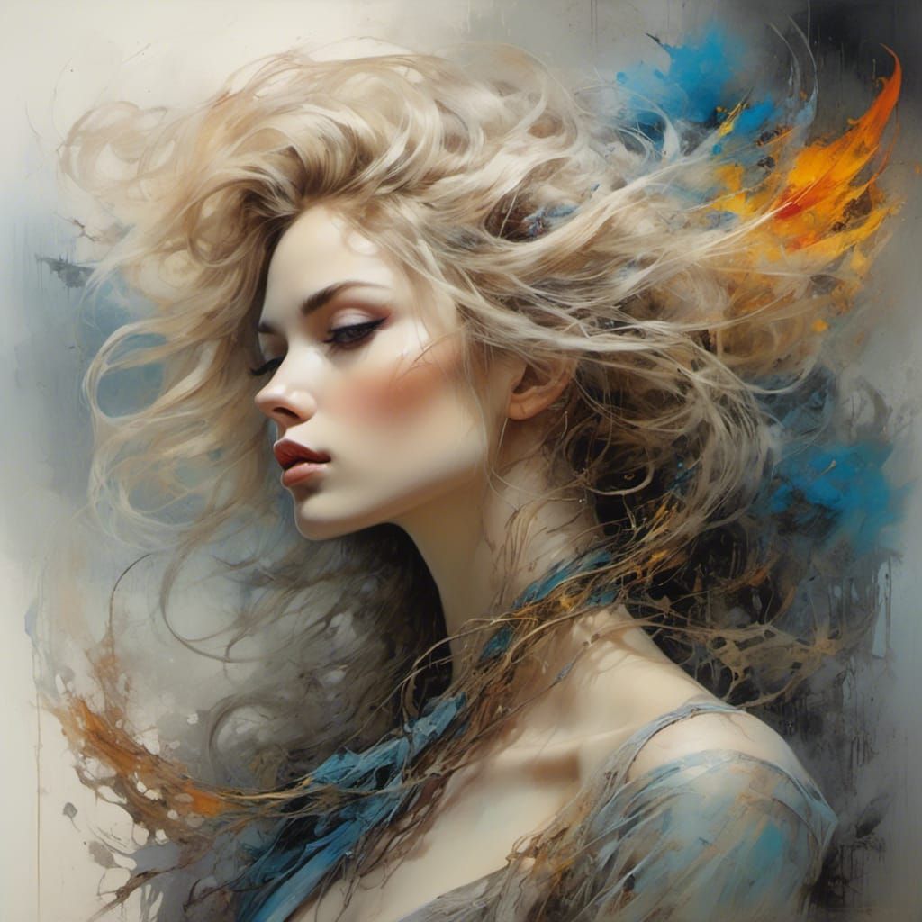 Windblown Beauty with Swirling Smoke Art
