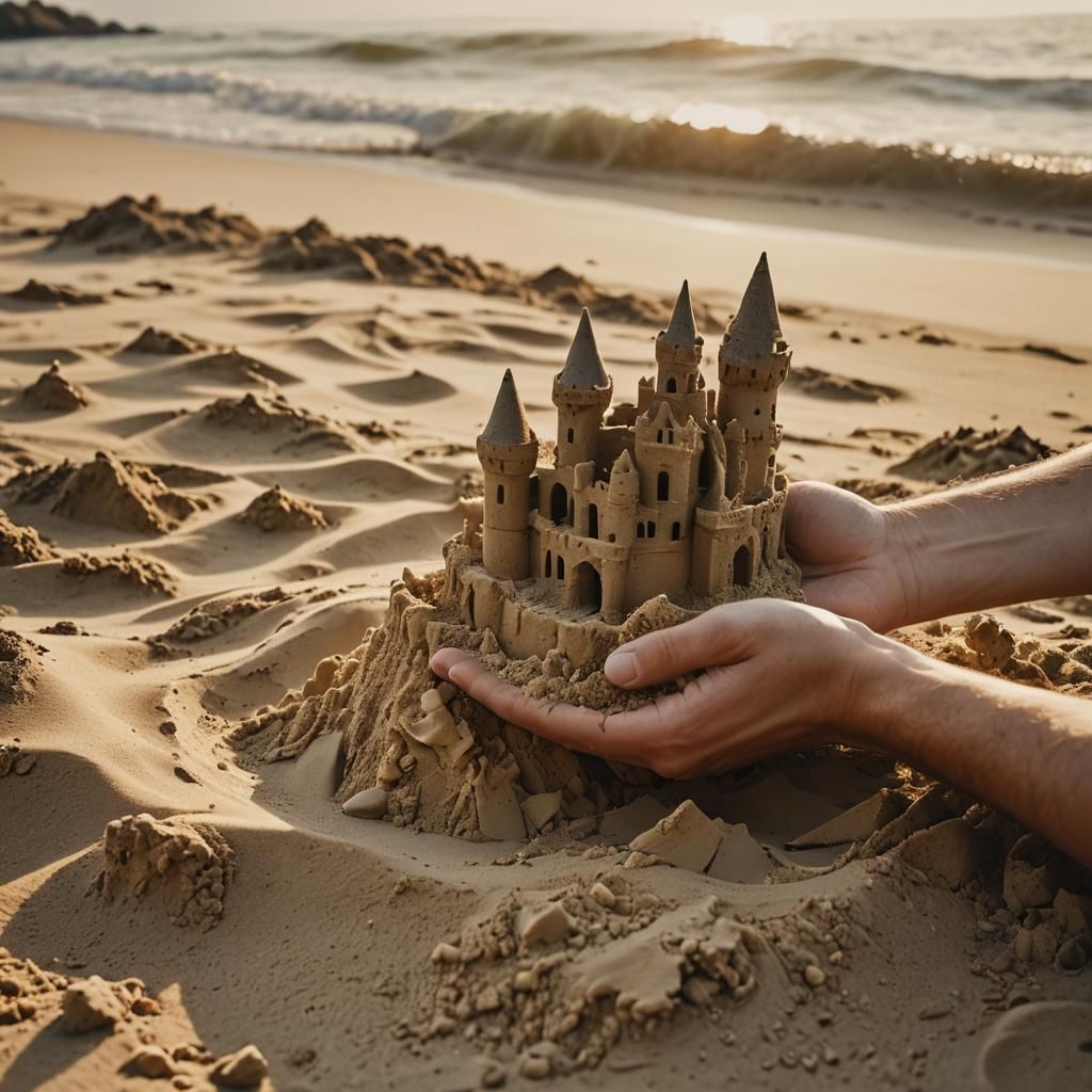 Crumbling Sandcastle in Hand: Cinematic Beach Scene
