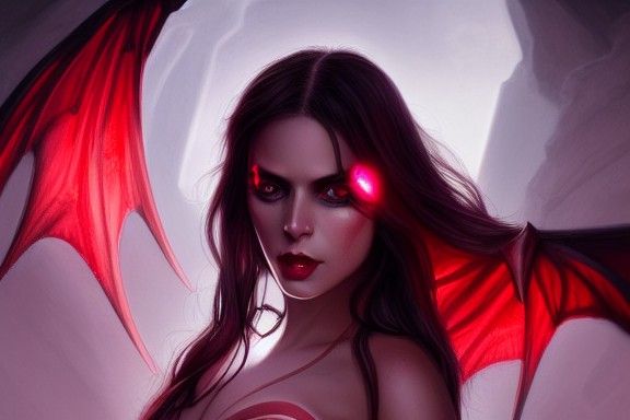 Succubus with bat wings and glowing red eyes. Beautiful face, symmetrical face.