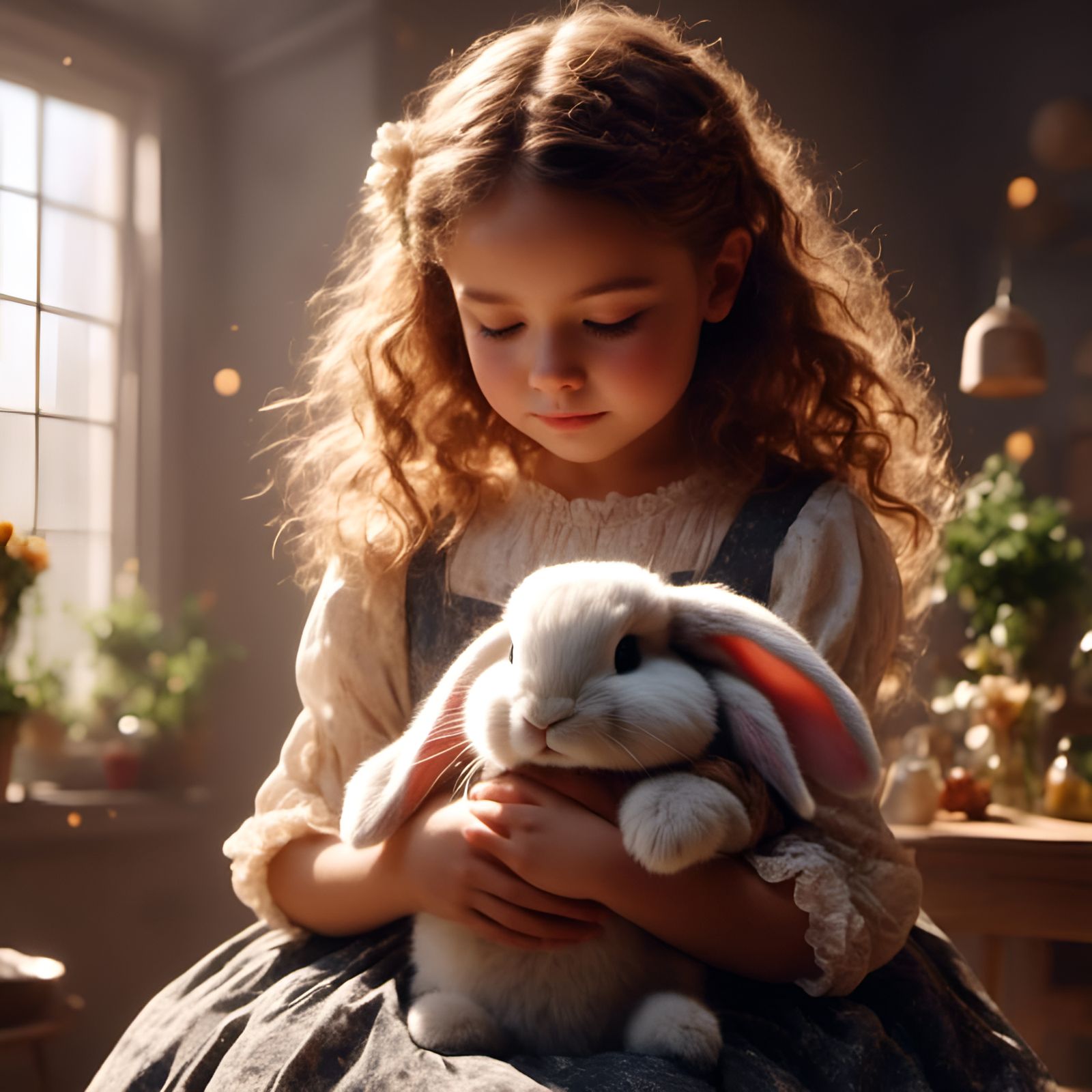 Girl with Bunny Portrait in Detailed Sunny Room