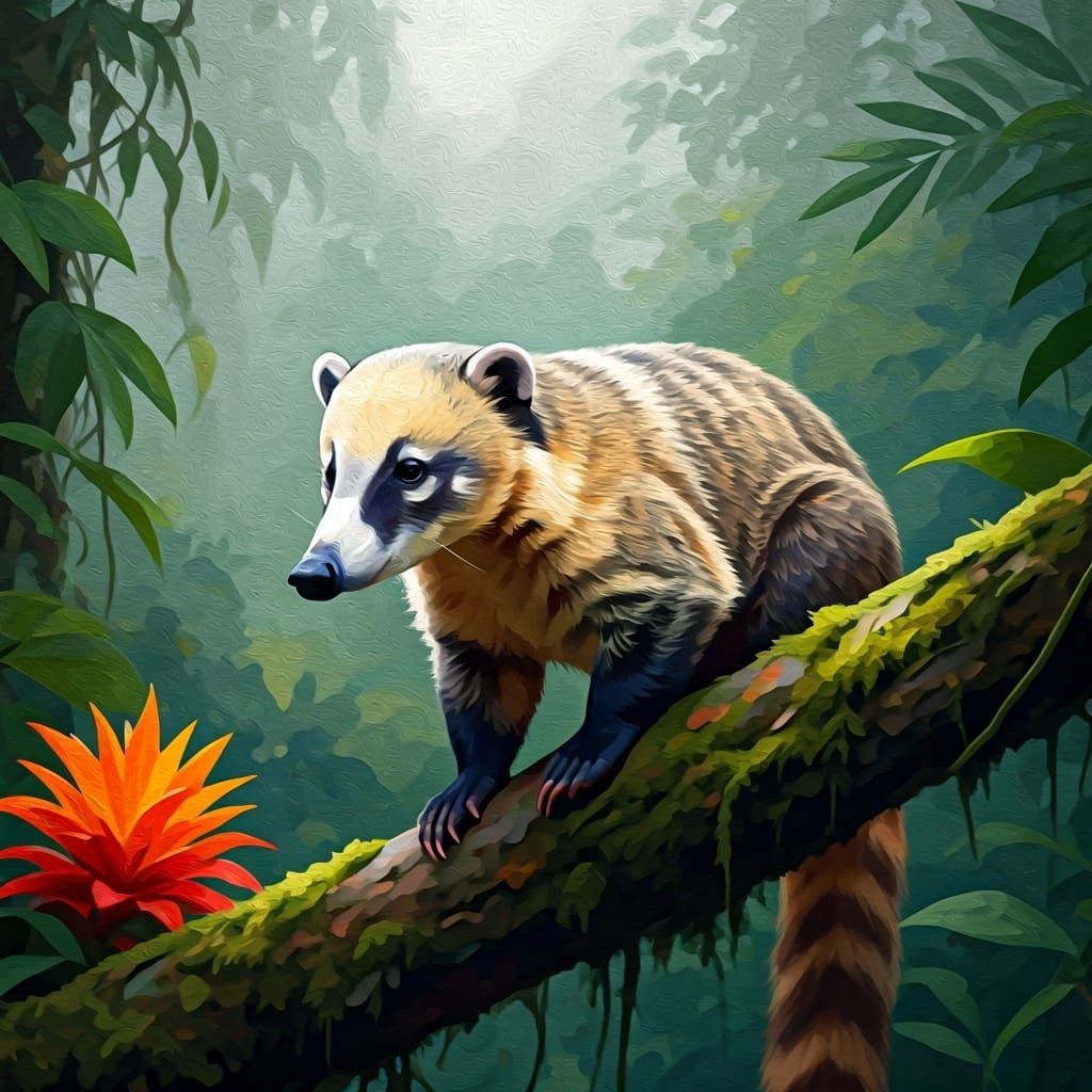 Coati in Cloud Forest: Gouache Impressionist Painting