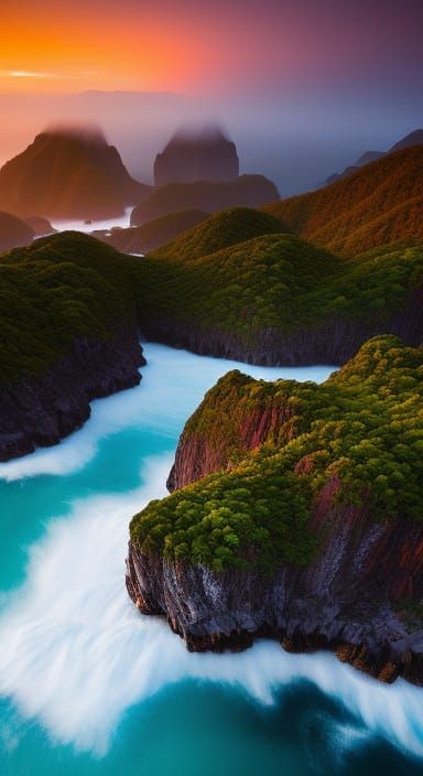 Tropical Floating Island at Sunset: 3D Digital Art