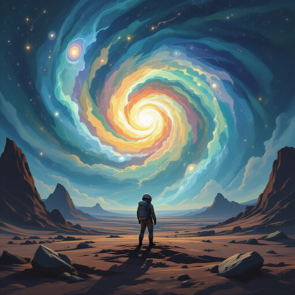 Astronaut Gazing at Nebula on Alien Planet