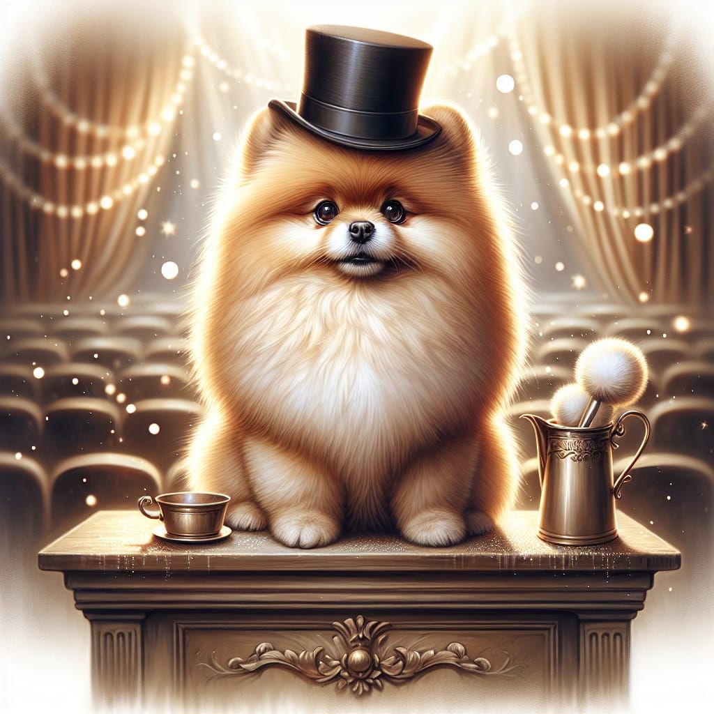 Elegant Pomeranian in Vintage Theater Regalia