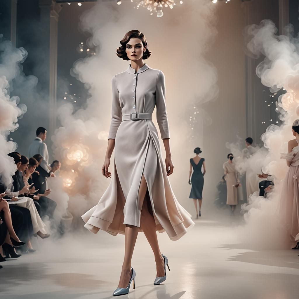 Surrealist Fashion Illustration of Model on Catwalk