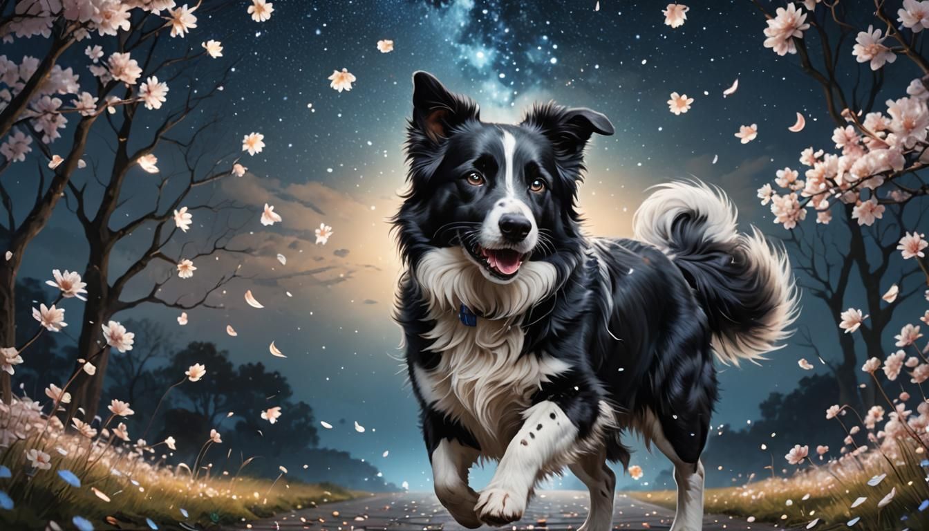 Border Collie in Magical Night, Digital Artwork