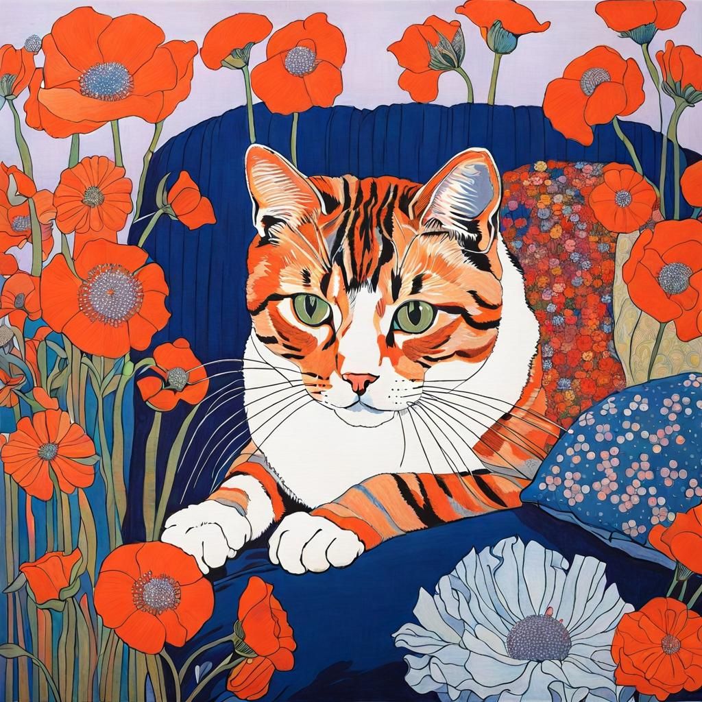 Cat Portrait with Flowers and Heart Lights