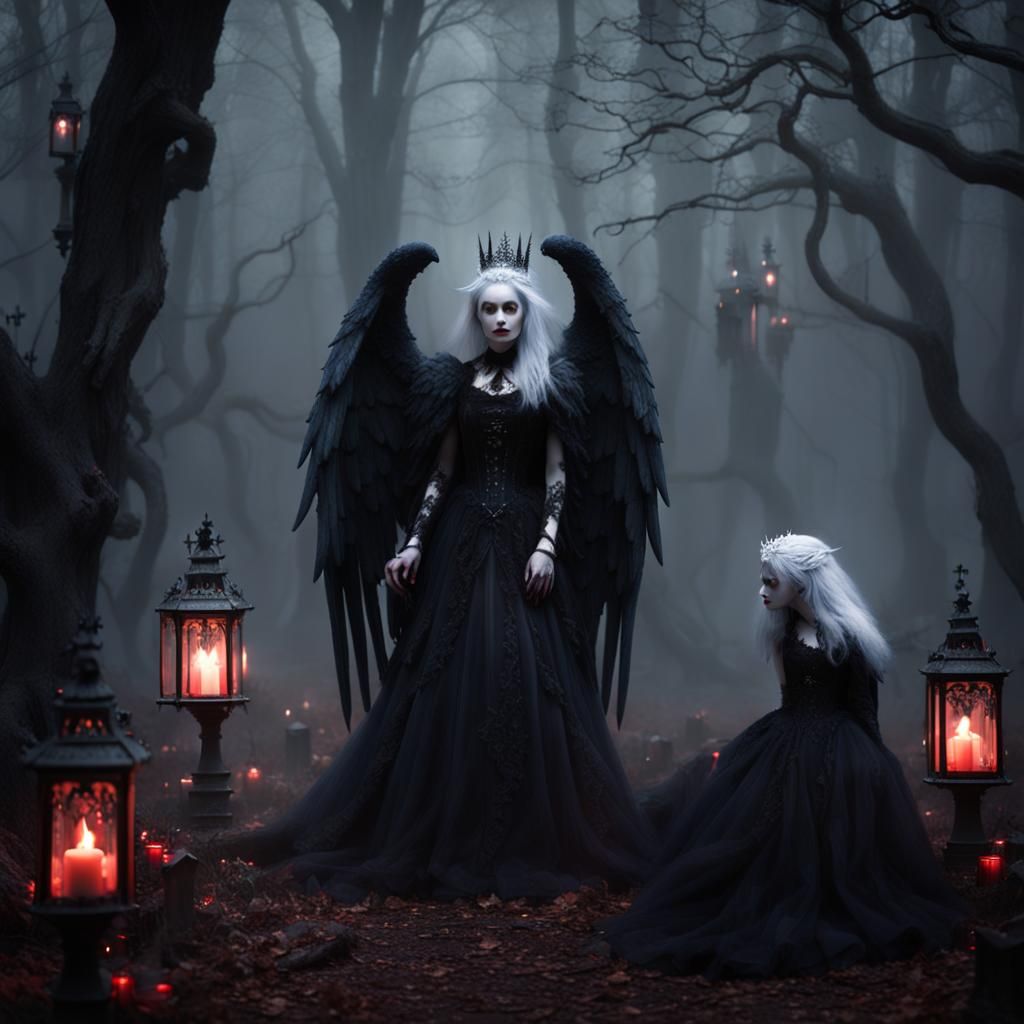 Gothic Figures in Misty Forest, Dark Fantasy Art