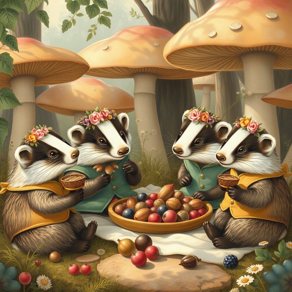 Badger Family Picnic in Mushroom Forest, Painterly Style