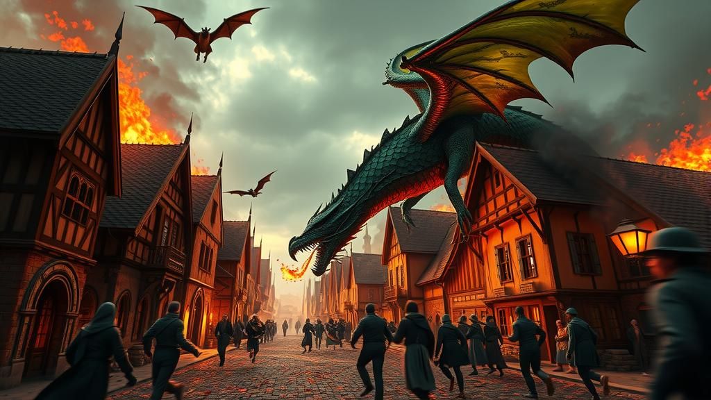 Green Dragon Attacks Village in Gothic Futurism Style