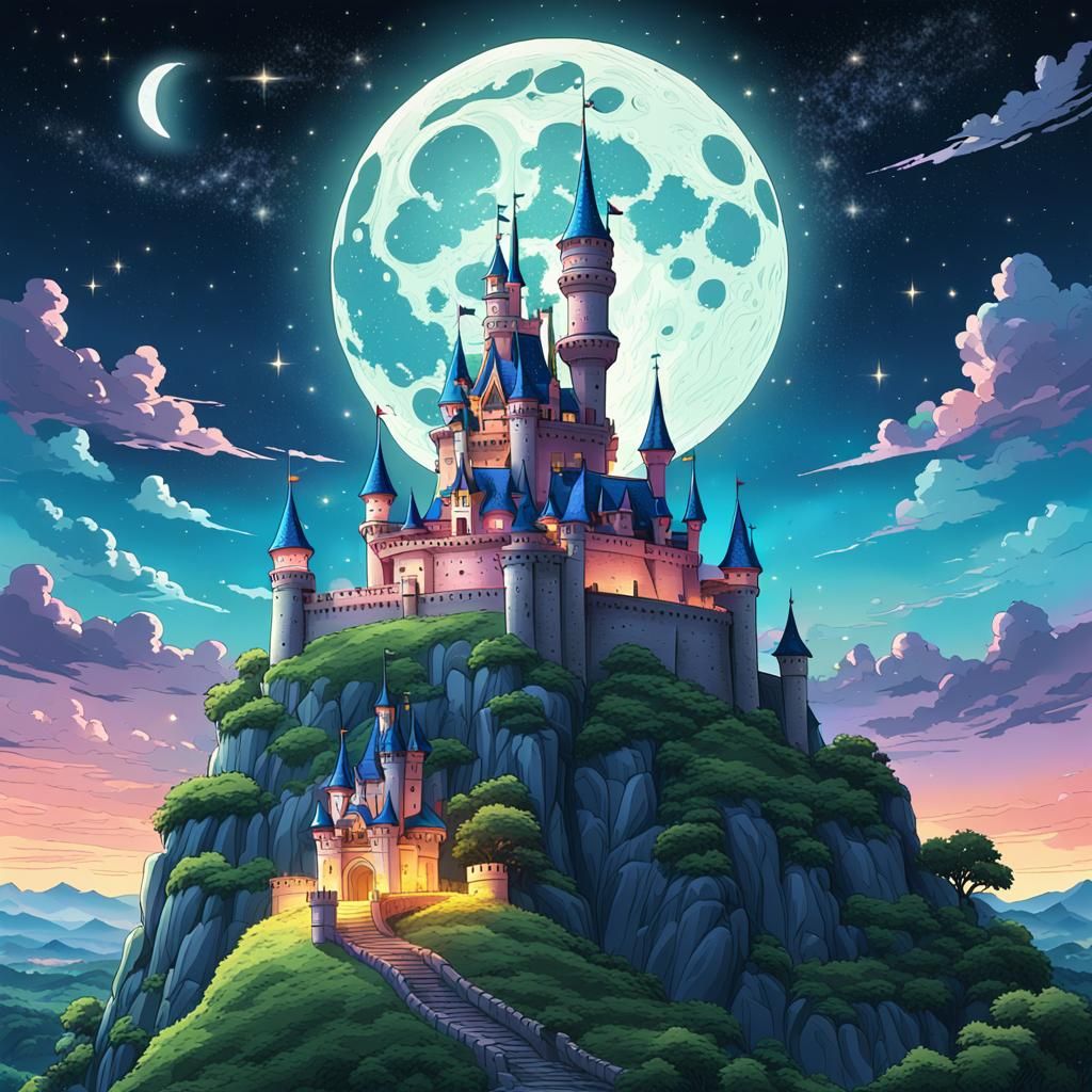 Colorful Moonlit Castle in Anime Style