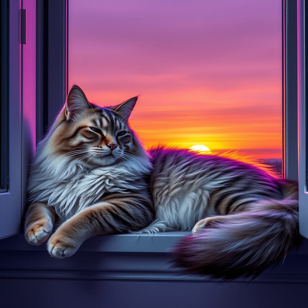 Realistic Chrome Cat in Sunset Reflection