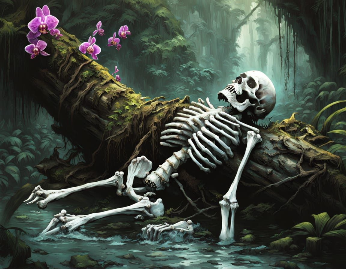 Pirate Skeleton in Jungle with Orchids