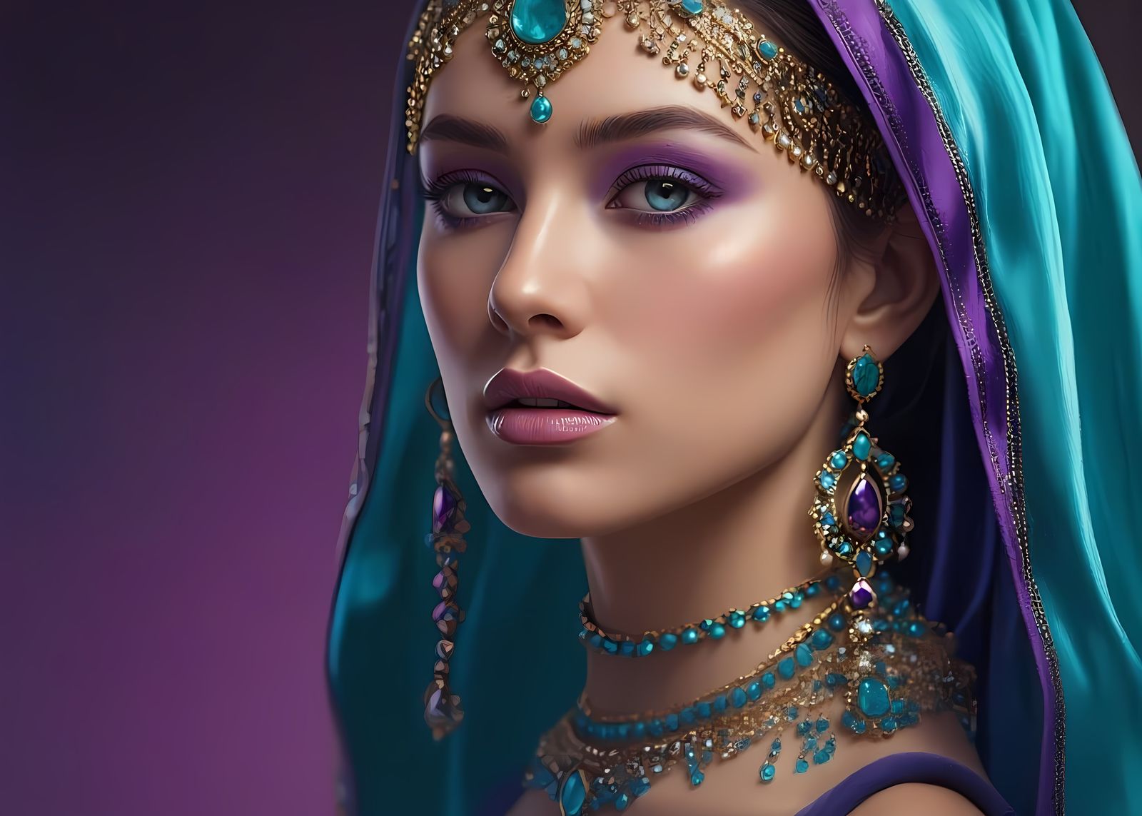 Stunning Woman in Turquoise and Purple Hues