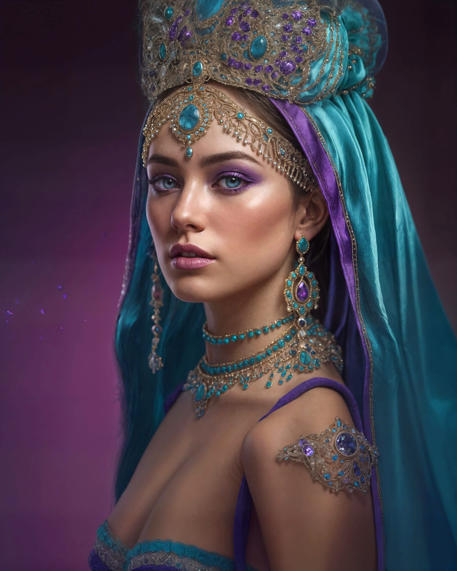Beautiful Woman in Turquoise and Purple