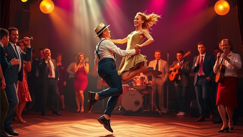 Stylish Couple Swing Dancing in a Retro Dance Hall