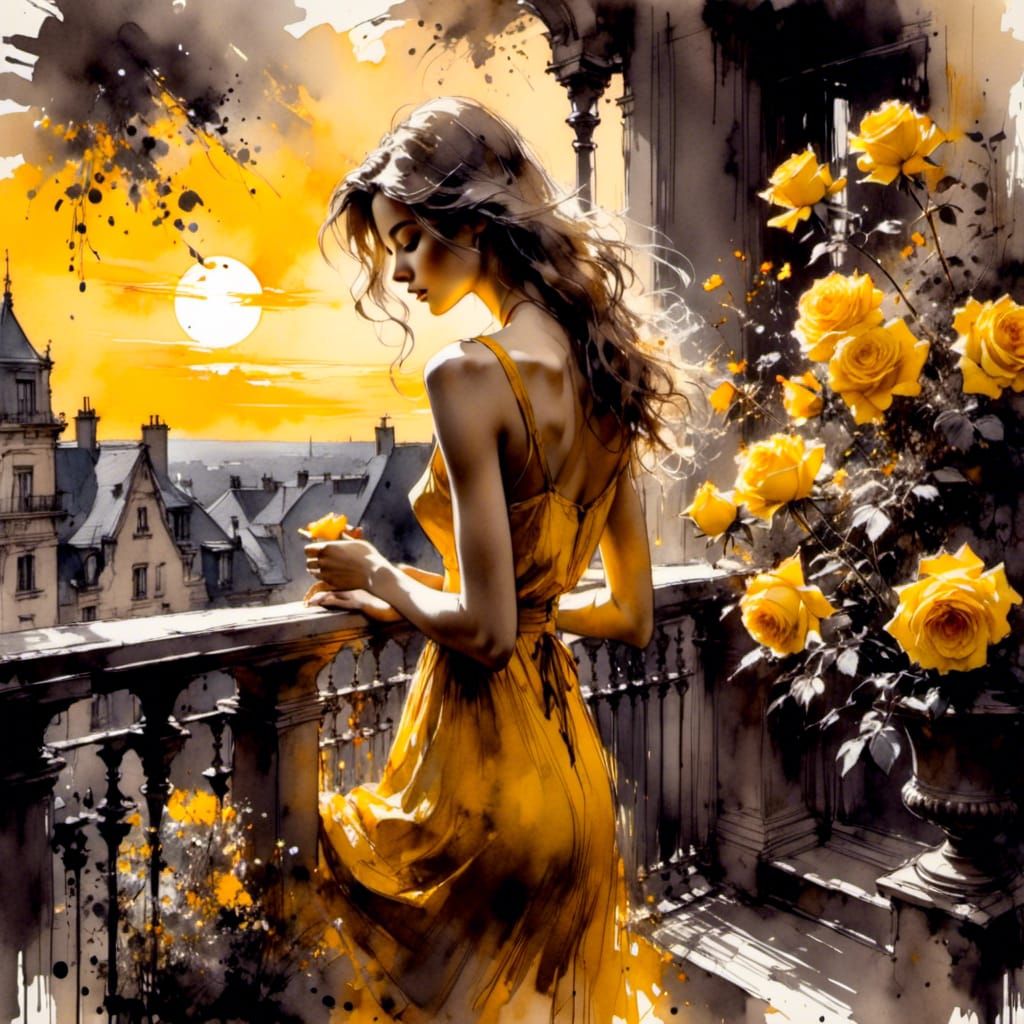 Woman in Sundress Overlooking Rose Garden in Ink Sketch