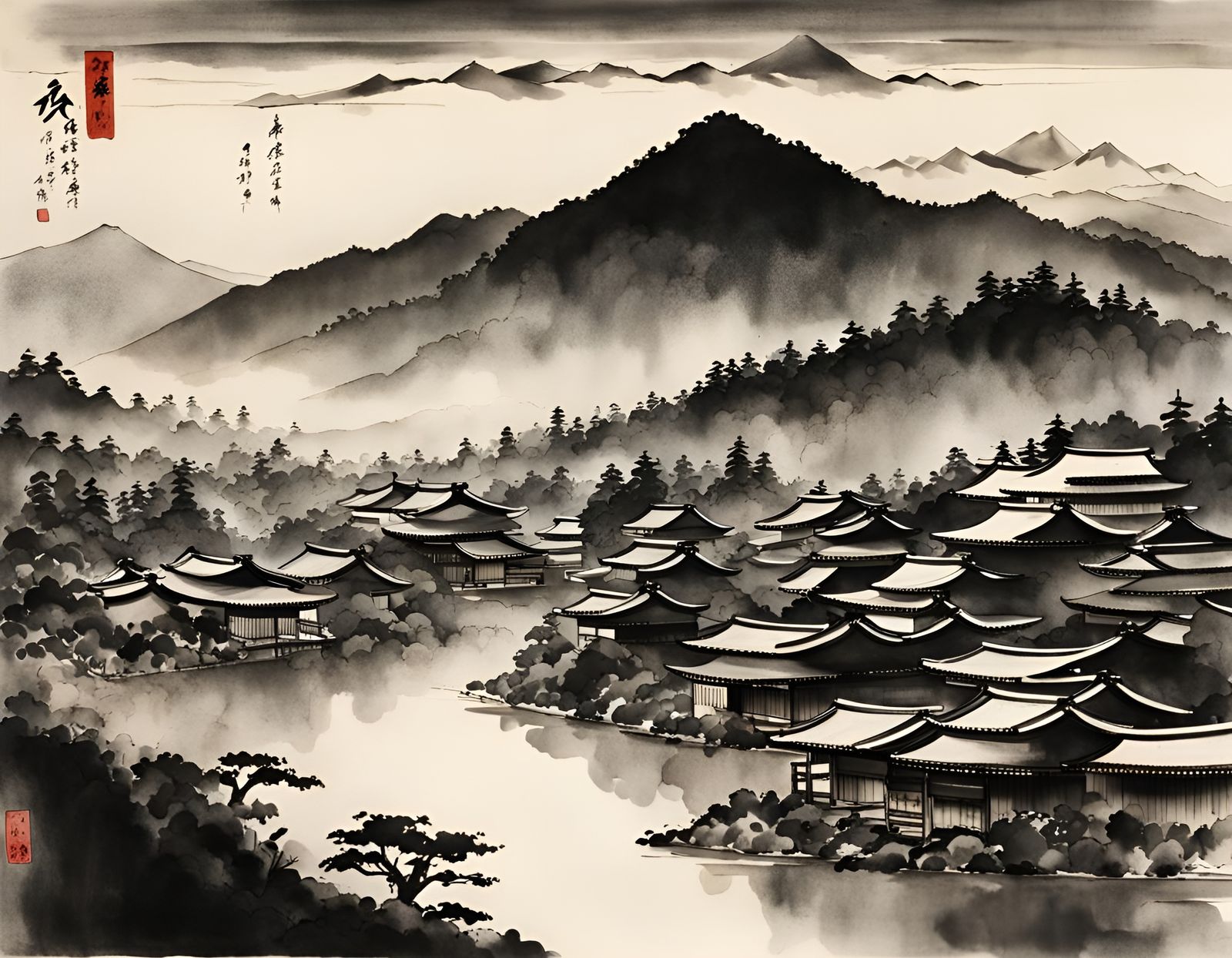 Sunlit Village in Japanese Ink Wash Painting