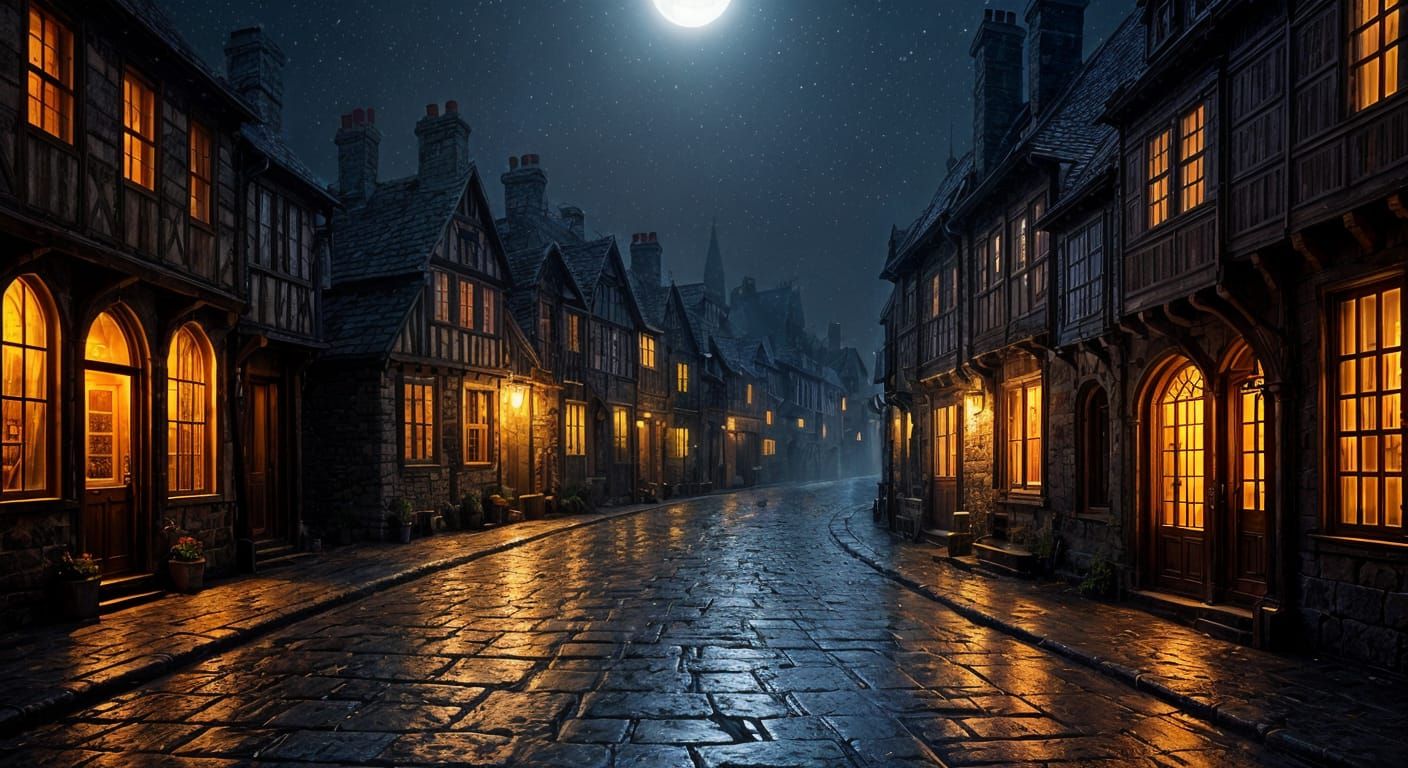 Ethereal Medieval Streetscape Under Full Moon