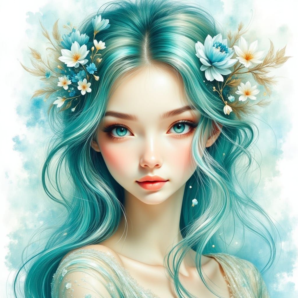 Pretty Woman with Teal Hair and Blue Eyes in Sketch Style