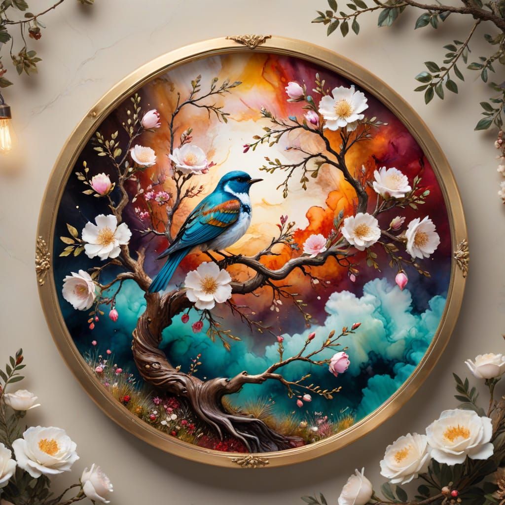 Alcohol Ink Art: Bird on Tree Branch with Flowers