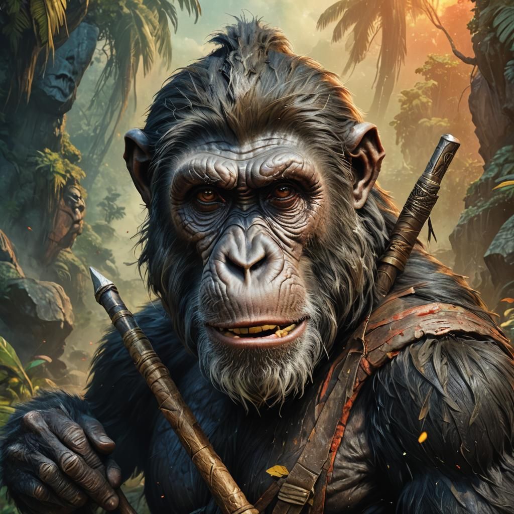 Hyperrealistic Monkey Warrior on Planet of the Apes