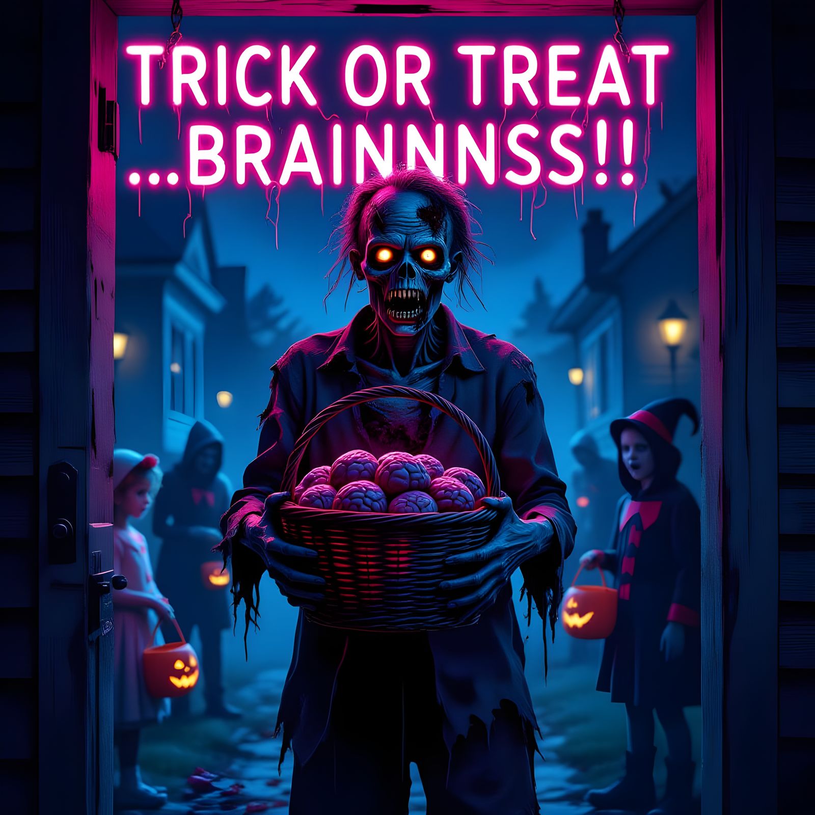 Zombie Holds Brains Basket by Front Door