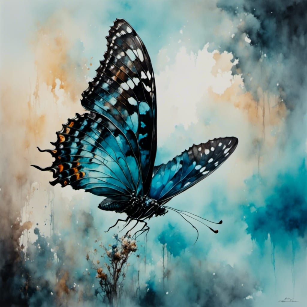 Blue Butterfly in Watercolor Style, Close-Up View