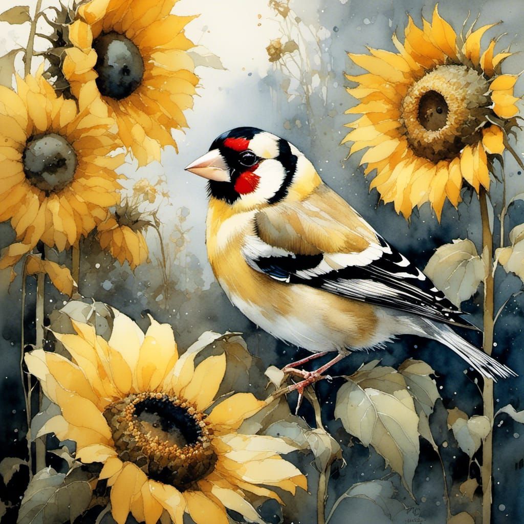 Intricately Detailed Goldfinch Amidst Sunflower Blooms