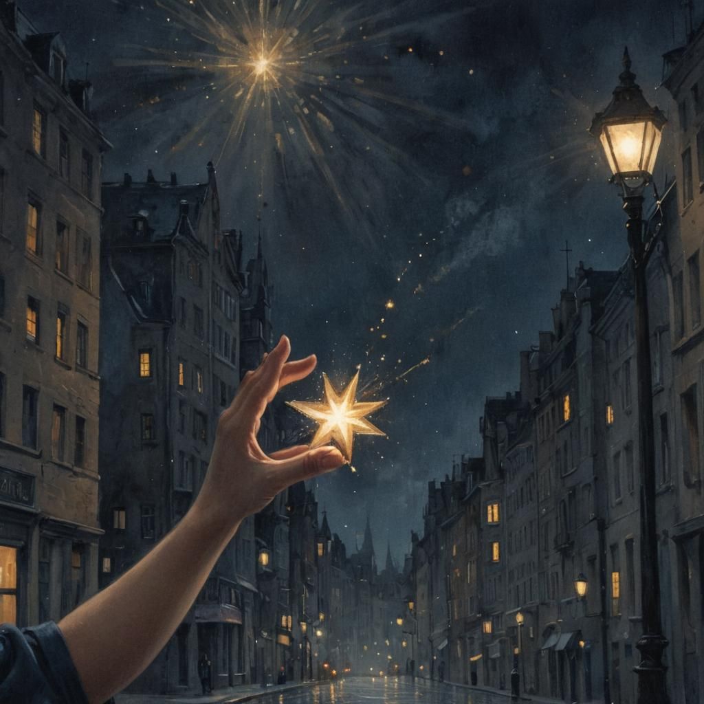 Child Catches a Star in Modern Ink Cityscape