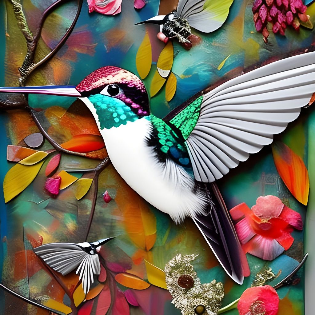 Hummingbird in Flight: Maximalist Mixed Media Collage