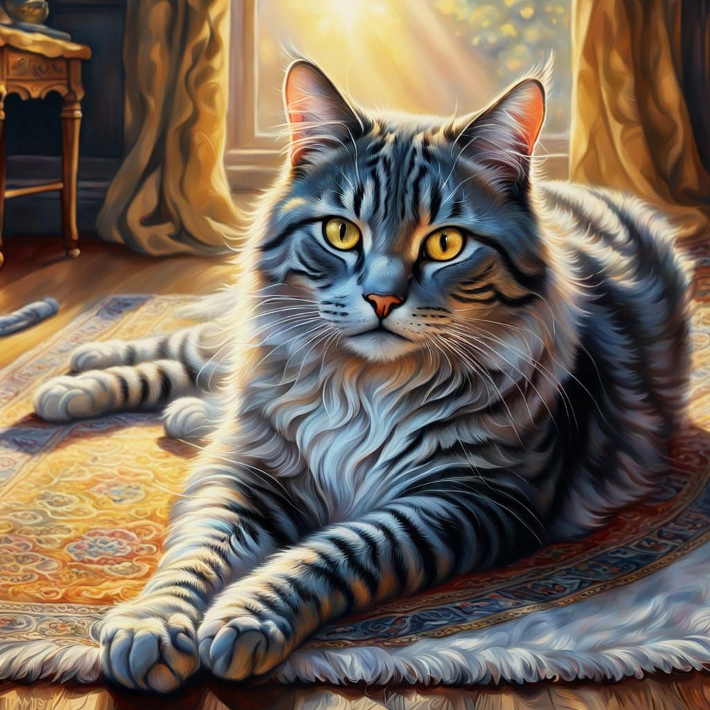 White Cat on Rug in Hyperdetailed Charcoal Gouache