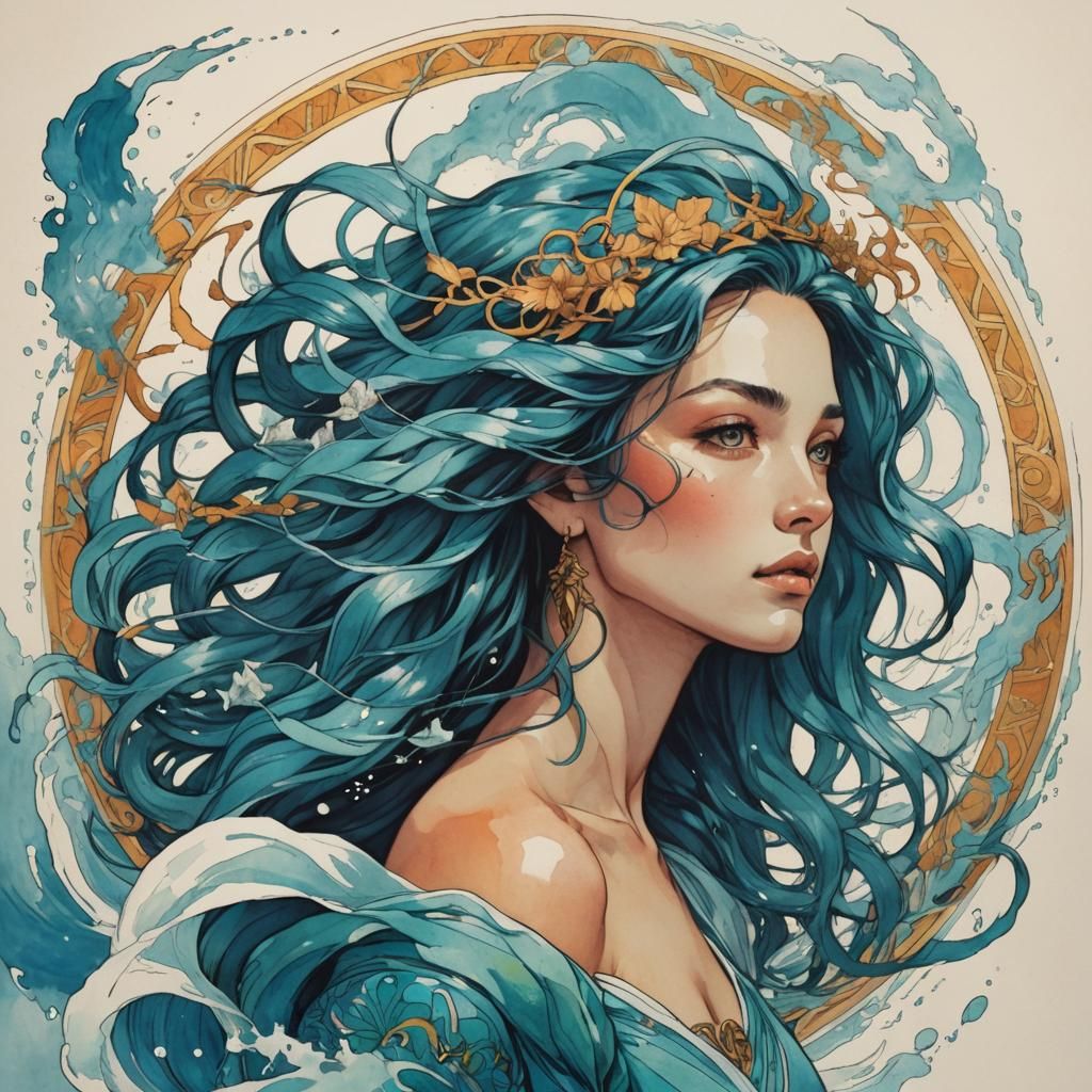 Ethereal Aquarius Woman with Wind-Swept Hair