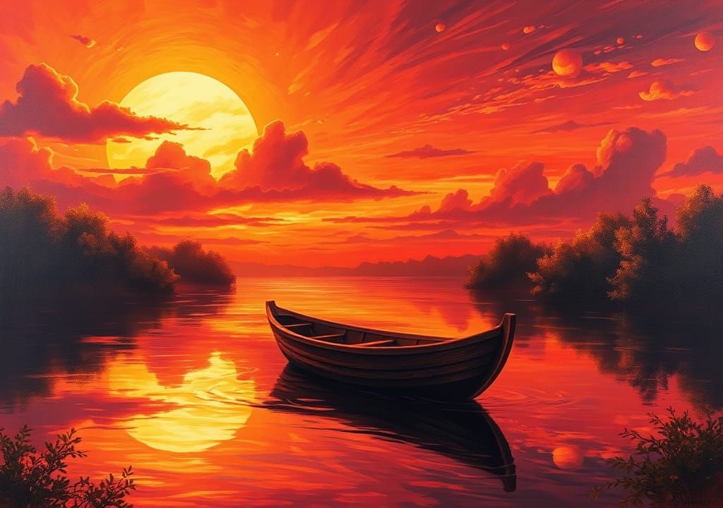 River Reflects a Colorful Sunrise in Impressionist Style