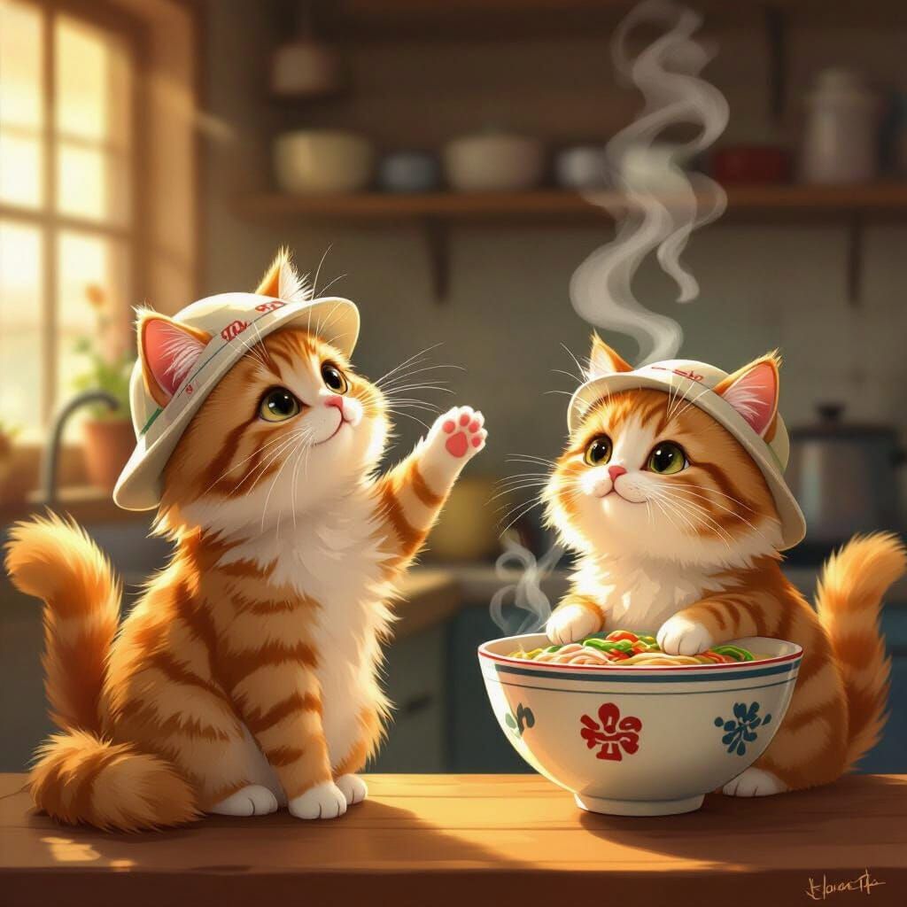 Fluffy Cat in Ramen Hat Waves Hello in Cozy Kitchen