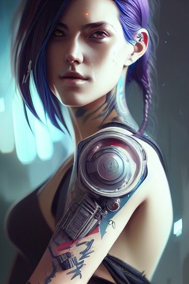 Beautiful Cyberpunk Girl with Tattoos in Digital Art