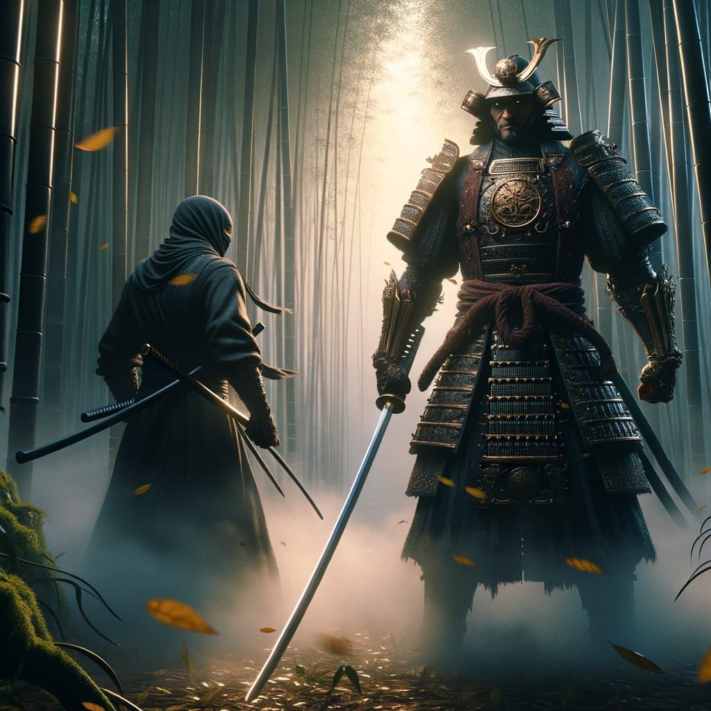 Epic Samurai vs Ninja Confrontation in Misty Bamboo Forest
