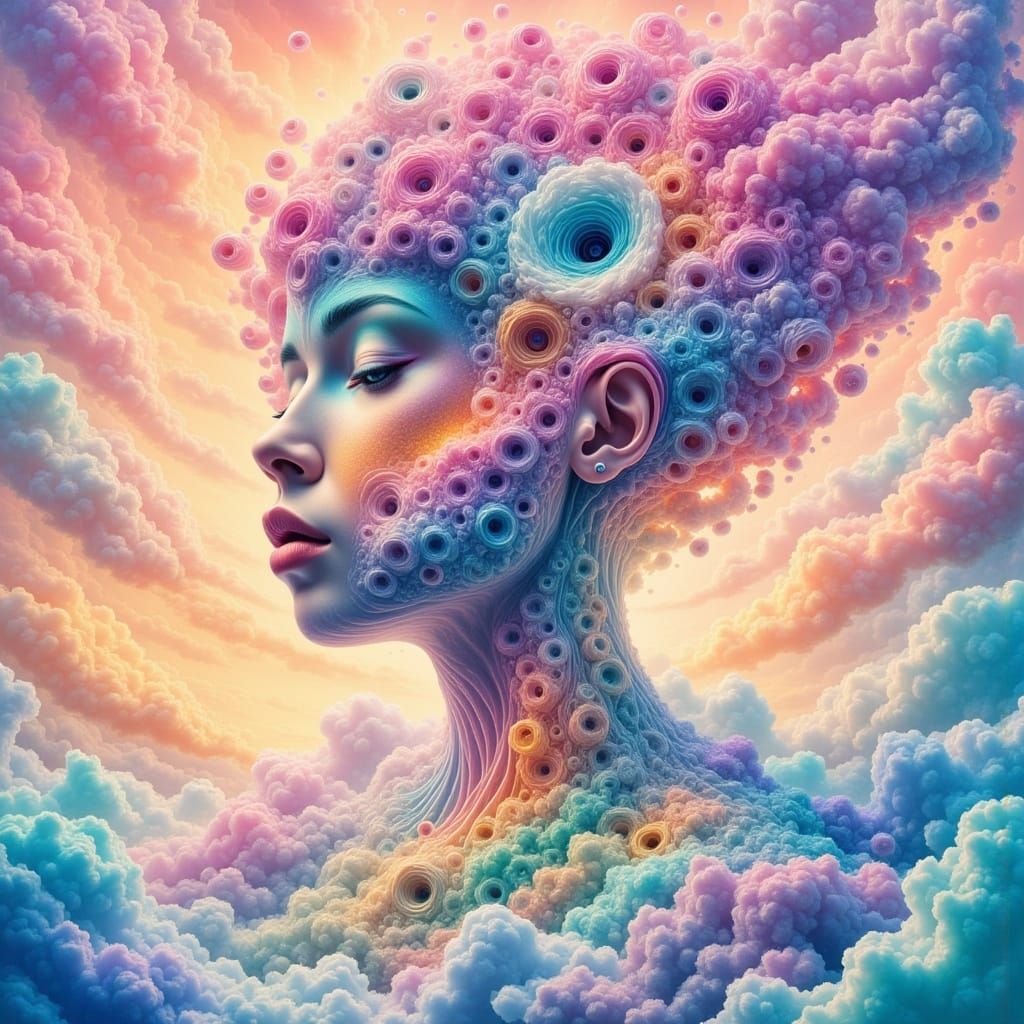 Ethereal Woman Surrounded by Pastel Clouds in Pop Art Style