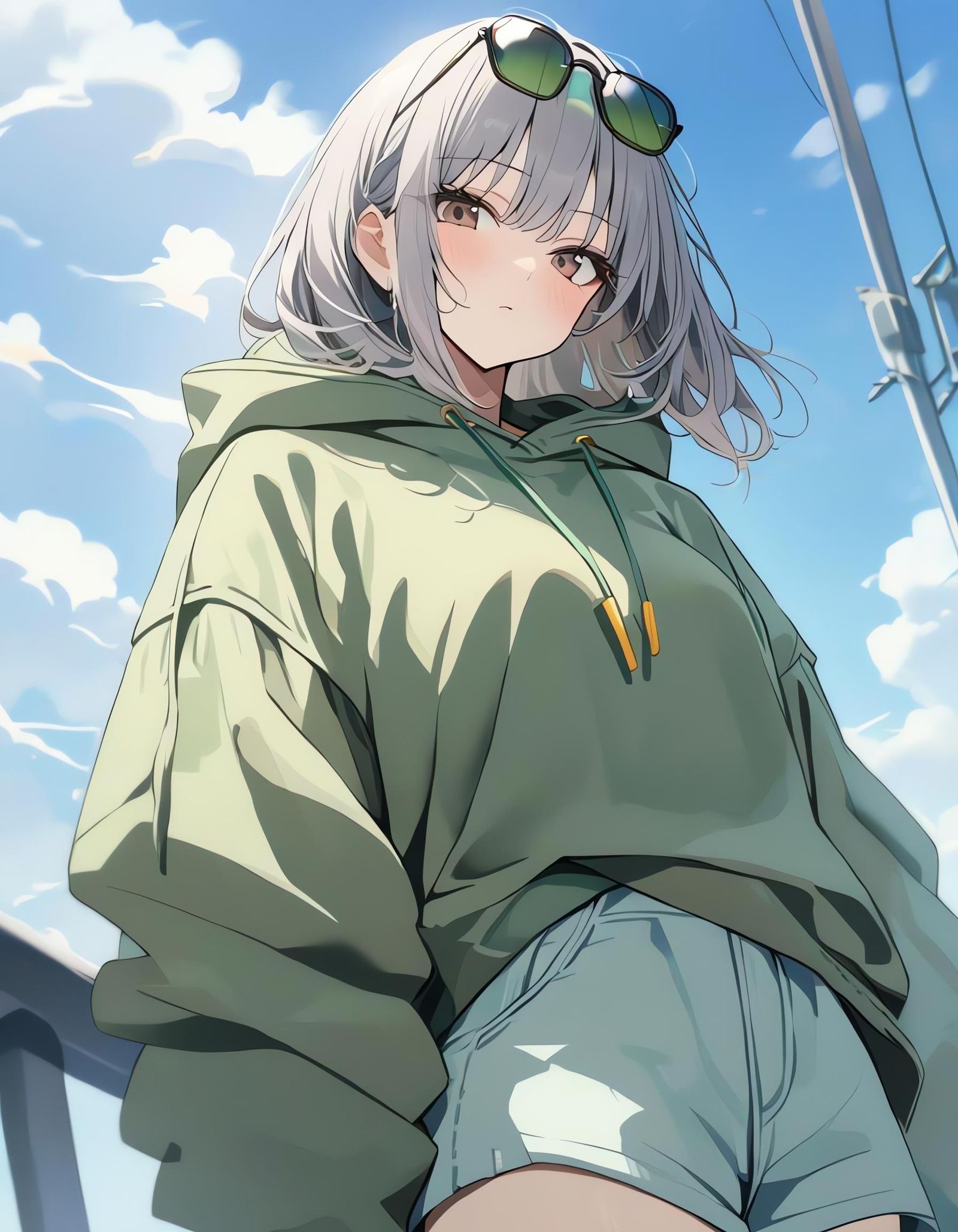 Girl with Gray Hair in Green Hoodie, Blue Sky