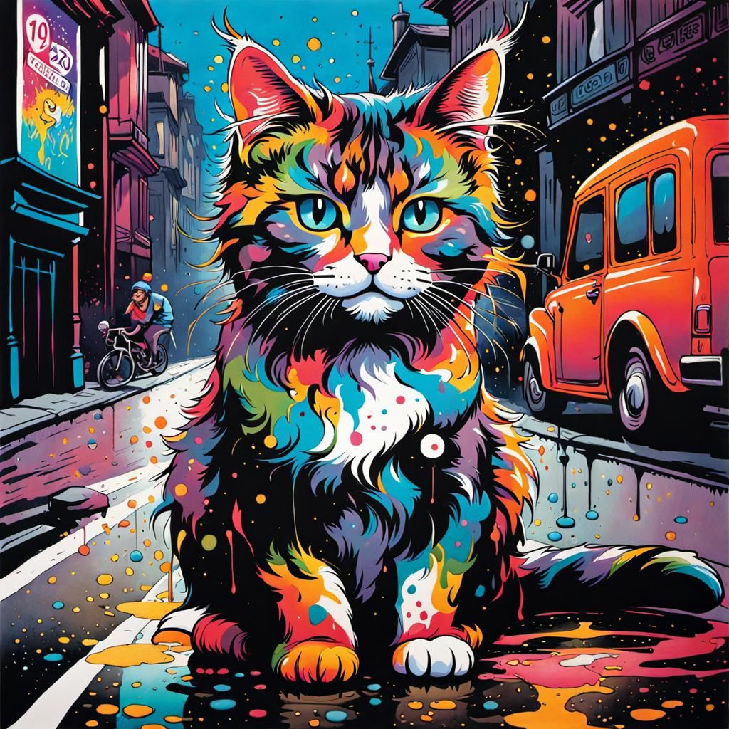 Joyful Cat Watches New Year Countdown in Graffiti Style