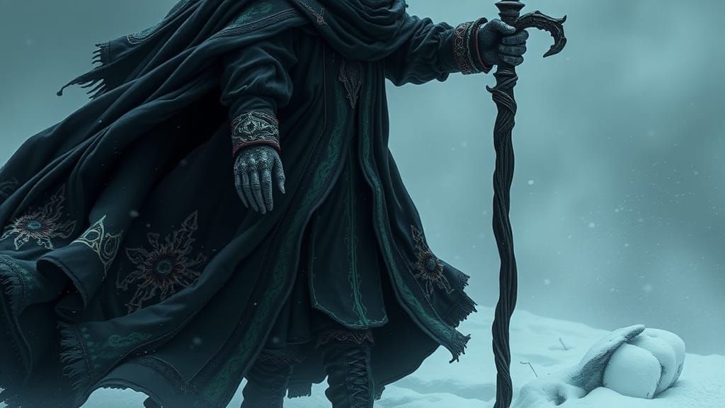 Regal Death Walking Through Snow with Staff
