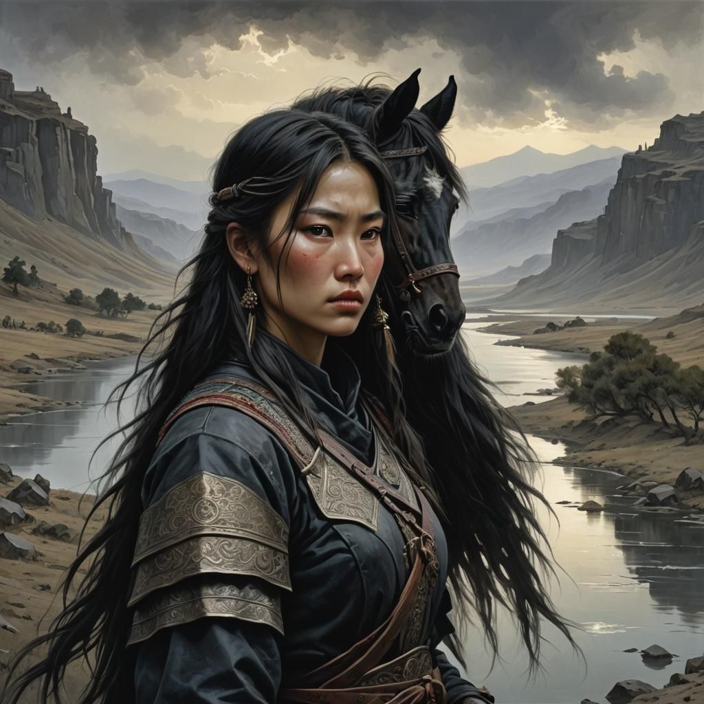Mongolian Warrior Girl with Spear, Dark Fantasy Style