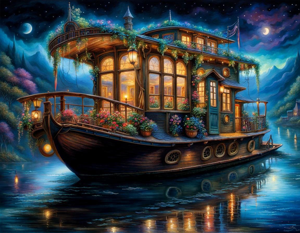 Three-Story Houseboat on River in Fantasy Style