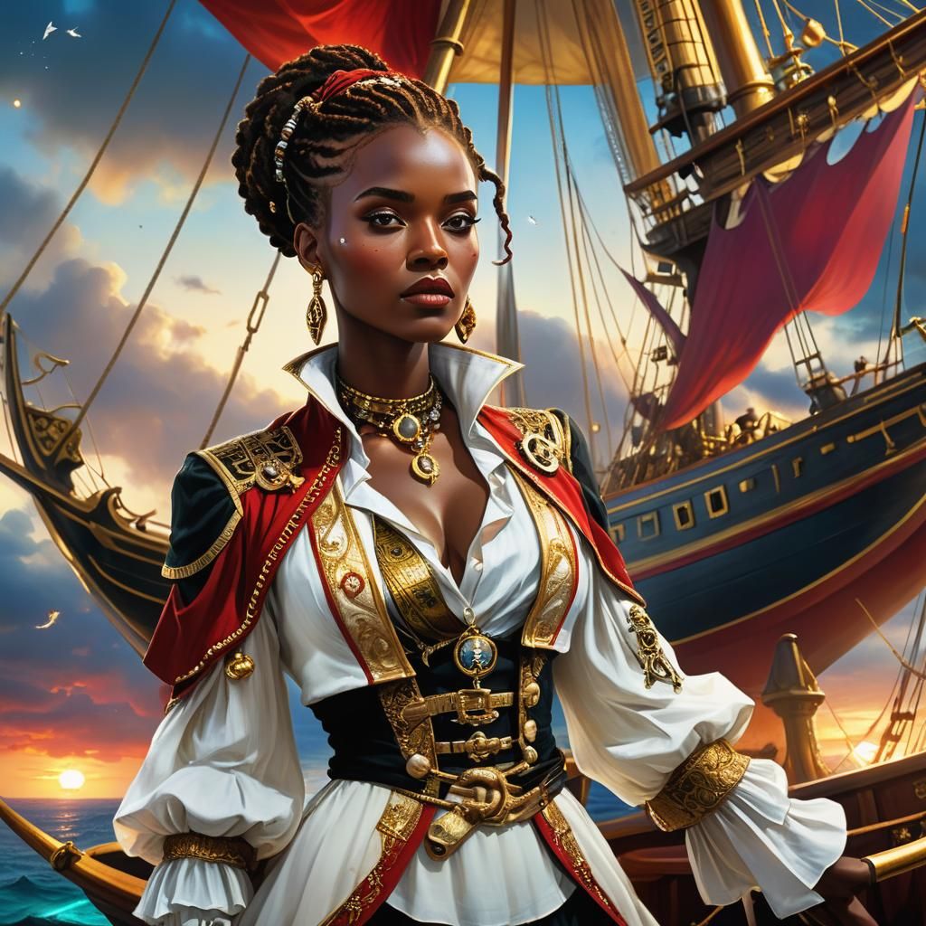 Pirate Queen Steers Ship in Celestial Fantasy Art
