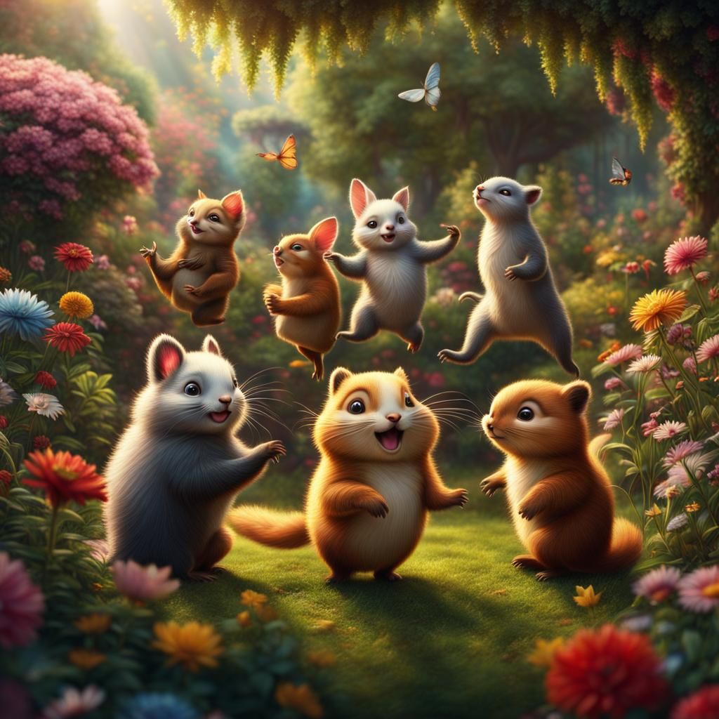 Cute Animals Dancing in a Garden: Digital Matte Painting