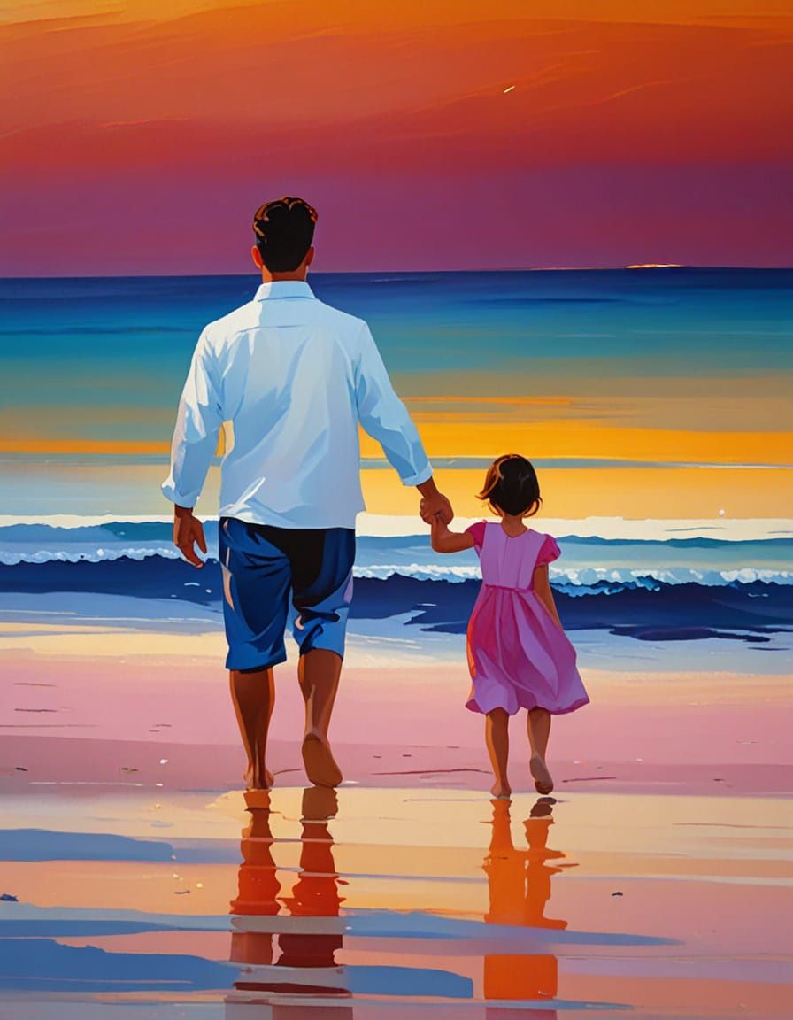 Family on Beach in Expressionist Impasto Painting