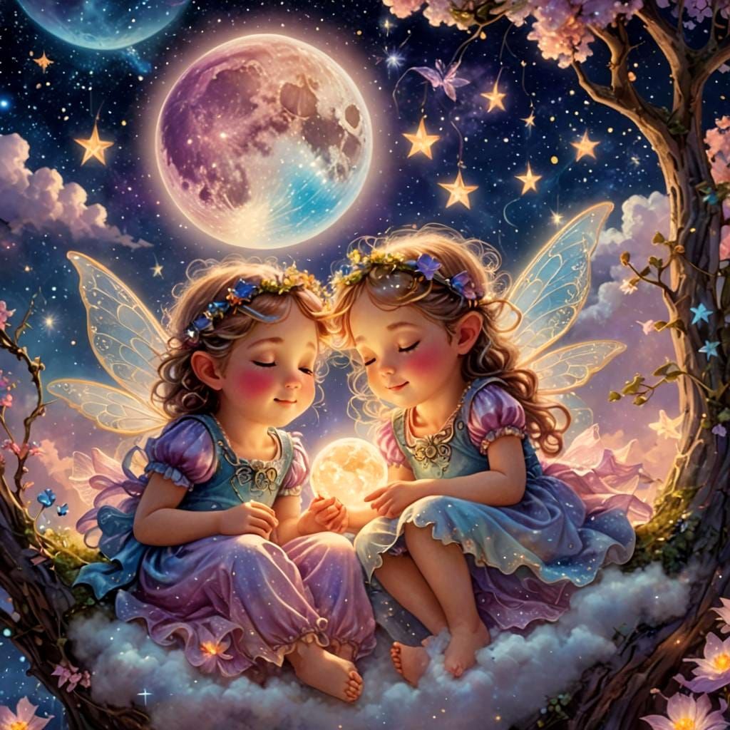 Fairies Sleeping on a Bioluminescent Moon in Galaxy